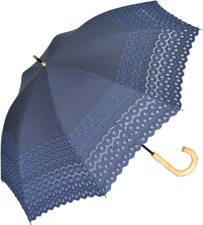 Amazon Genuine Umbrella Works晴れの日専用 レディース日傘 パラソル長傘 ロールカットレース刺繍47cmショート手開き傘 美しい刺繍と優しい風合いが魅力 シックでゴージャスな刺繍柄 ワンランク上のショートパラソル ネイビー 長傘 通販