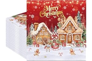Fitumiw 80Pcs Merry Christmas Gingerbread House Paper Napkins Candy House Disposable Napkins Xmas Gingerbread Printed Decorative Napkins for Baby Shower Birthday Party Supplies Table Decor