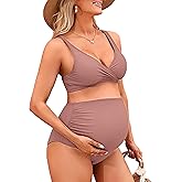 Charmo High Waisted Maternity Swimsuit Bikini Set V Neck Pregnancy Bathing Suits Push Up Two Piece Swimwear