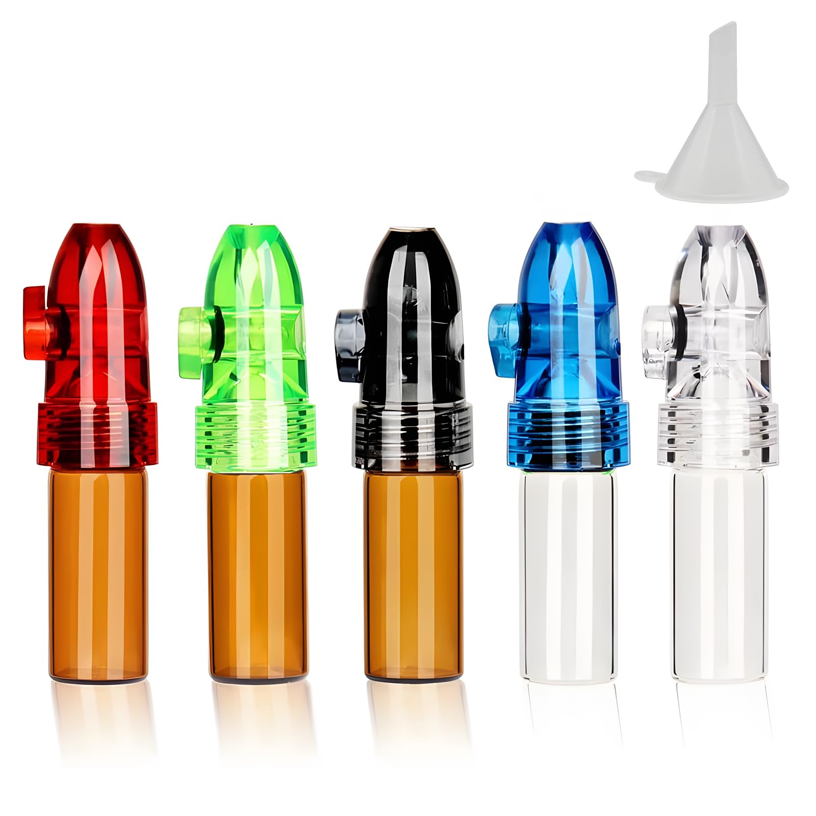 WHENZOO 5 Pcs Spice Powder Tool Storage, Spice Powder Tool with Mini Funnel, Small Glass Bottle Kit, Portable Bullet Snorter Bottle, Leak-Proof & Waterproof, Pocket Bullet Vial for Outdoor Travel