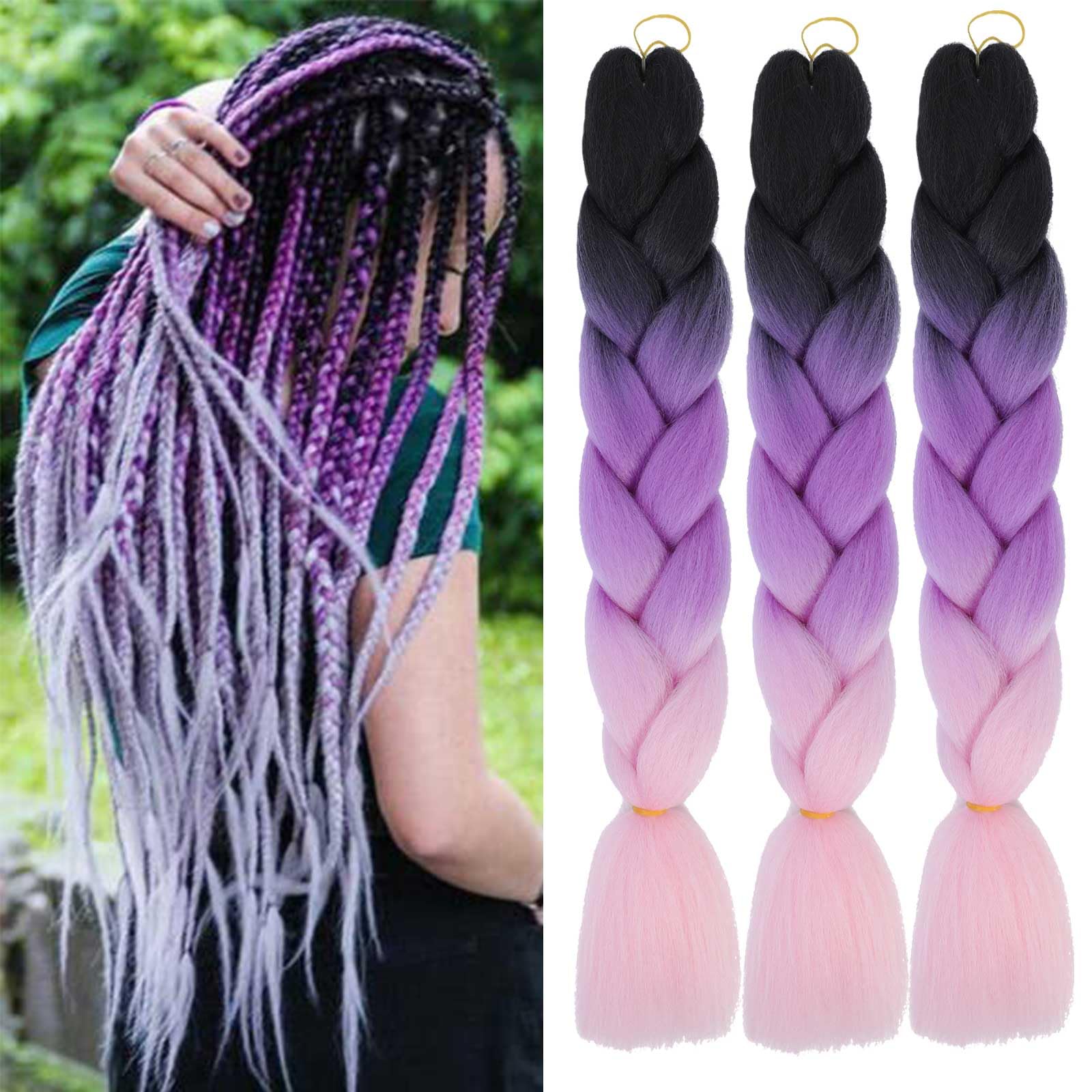 Xtrend 3Packs 3 Tone Jumbo Braiding Hair 24 Inch Synthetic Afro Braiding Hair Extensions for Box Braids and Twist Crochet Braid Hair (3Packs, Black/Purple/Pink#) — image 1