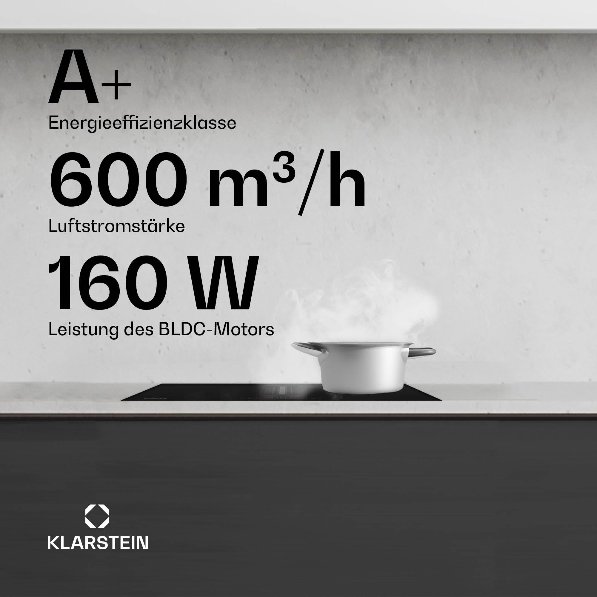 Klarstein AirJet 60 Induktionskochfeld Mit Dunstabzug - 600 m³/h Absaugleistung, Flexzonen, 10.000-W-Boost, Touchpanel, Energieeffizienzklasse A+, Kindersicherung, Edelstahl und Glas, 60 cm 3