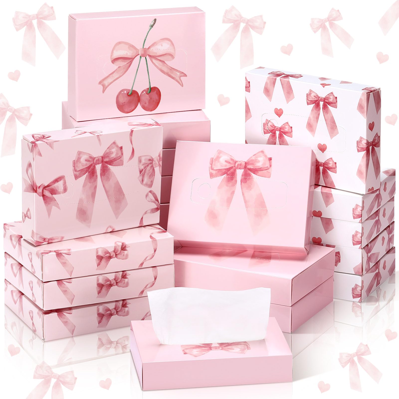 Photo 1 of TaoBary 24 Packs Pink Bow Small Boxes of Tissues Flower Car Facial Tissue Boxes Disposable Tissue Packs Cube Facial Tissues 2 Ply 960 Sheets for Holiday Party Bathroom Office Floral Home Decor