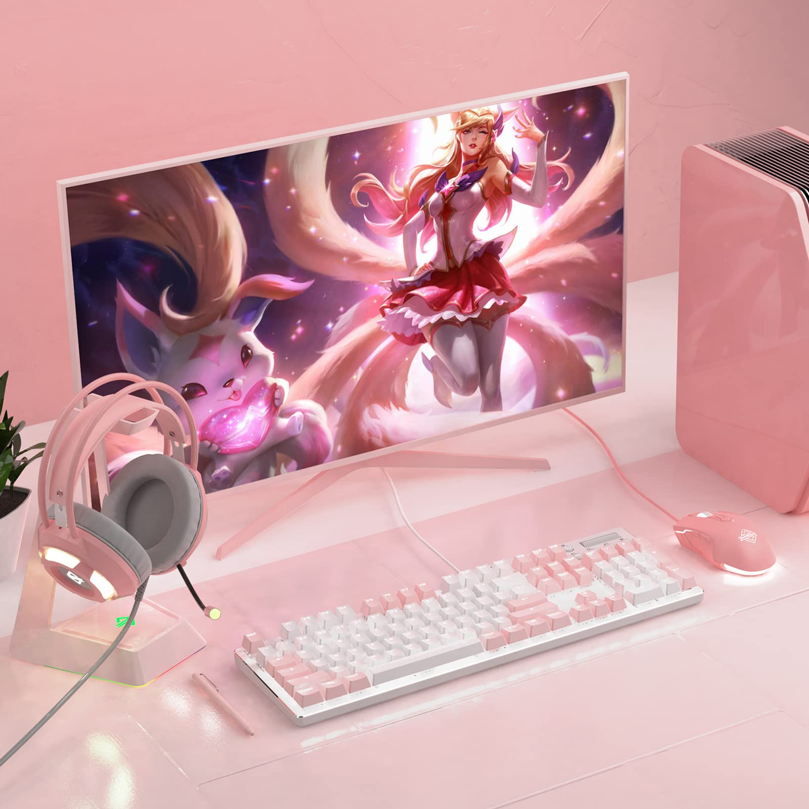 Lomiluskr Wired Mechanical Gaming Keyboard, 104 Keys and 6 Media Keys Anti-Ghosting, 2 Colors PBT Keycap, Hot-swappable Switch, Elegant White Backlight, Aluminum Panel (Pink&White, Blue Switch)