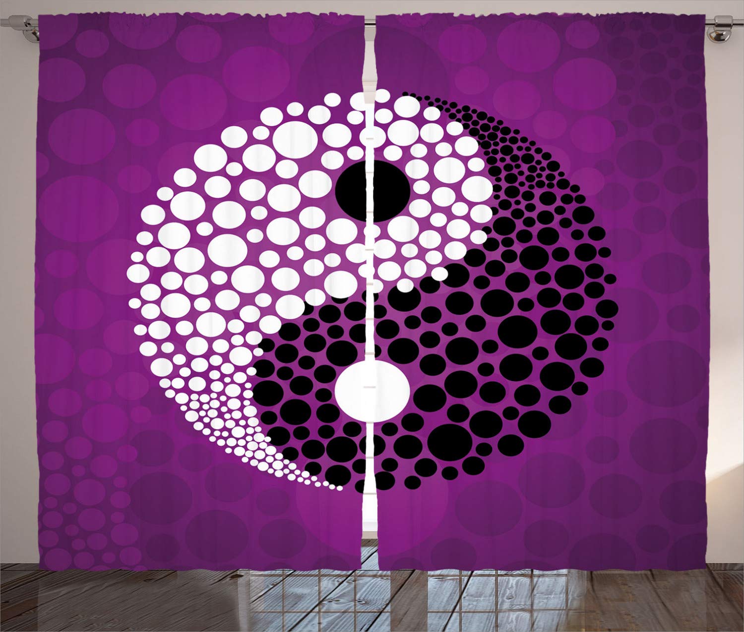 ABAKUHAUS Ying Yang Curtains, Abstract Design Harmony and Balance Eastern Theme, Living Room Bedroom Window Drapes 2 Panel Set, 280 x 175 cm, Purple Black White