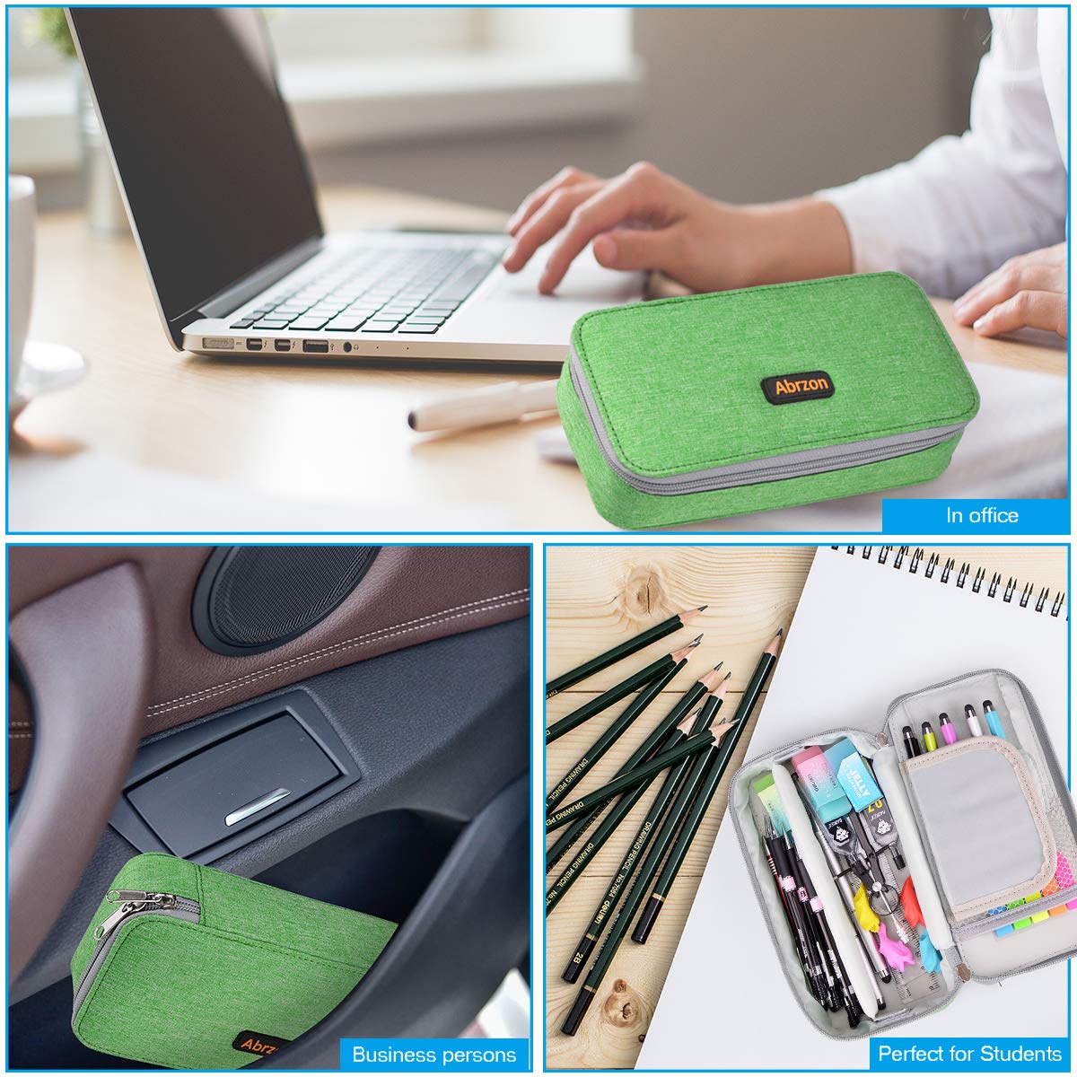 Pen Case,Big Capacity Abrzon Pencil Case Bag with Double Zippers,Middle High School & Office Supplies Adult Large Storage 8.74x4.3x2.17 inches (Green)