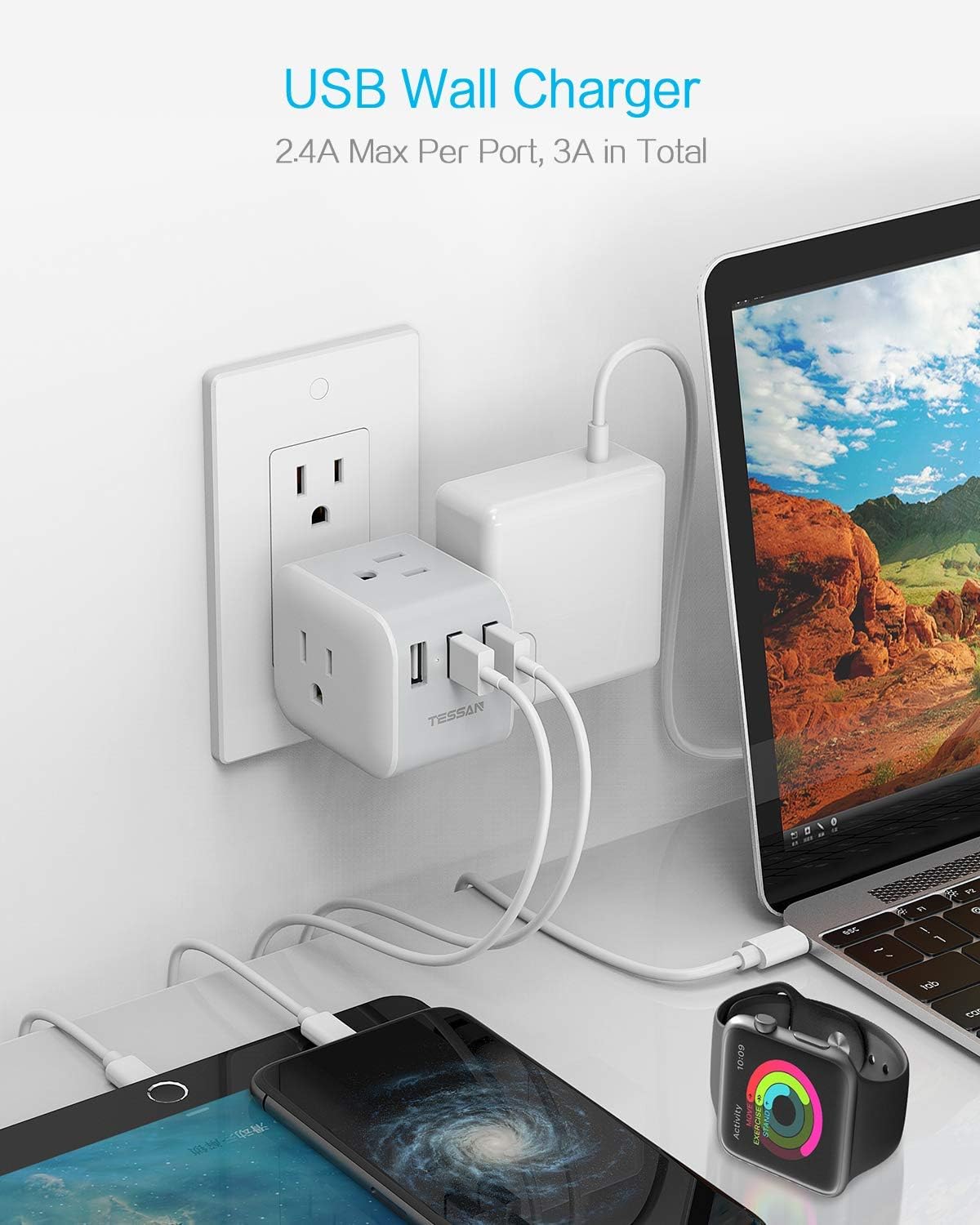 Multi Plug Outlet Extender with 3 USB Charger, TESSAN Power Charging Cube Expander for Wall Outlet Box, Multiple Electrical Outlet Splitter for Home, Office, Dorm Essentials - - 