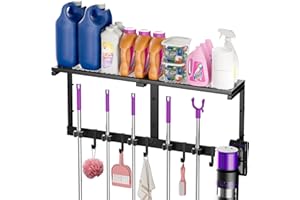Heavy Duty Broom Holder Wall Mount with Cleaning Supplies Organizer, Space-Saving Laundry Room Organization and Storage Shelv