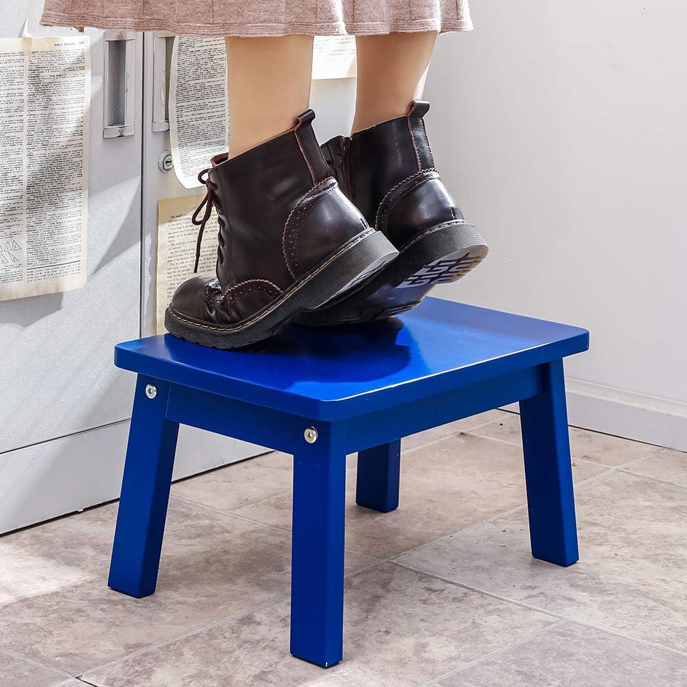 HOUCHICS Solid Birch High Gloss Step Stool Wooden Kids Potty Training Stool with 220lb Load Capacity Foot Stool for Kitchen,Bedroom,Living Room,Bathroom (Blue)