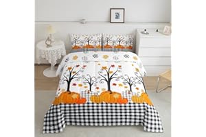 HOMEWISH Pumpkin Autumn Comforter Set King Size,Kids Adults Bedroom/Farm Halloween Decor,Black White Plaid Bedding Set,Maple Trees Fall Leaves Down Comforter,Rustic Orange Duvet Insert,3pcs,2 Pillowcases