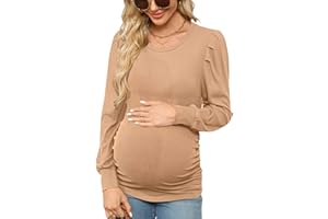 Onedreamer Women's Maternity Shirts Puff Sleeve Round Neck Tunic Top Casual Pregnancy Clothes