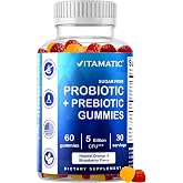 Vitamatic Sugar Free Probiotic + Prebiotic Gummies, 60 Count | 5 Billion CFU Bacillus Coagulans per serving, Support Digestive Health and Gut Flora Balance*, Non-GMO, Made in USA