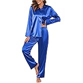 Ekouaer Women Satin Silk Pajamas Classic Long Sleeve Button Down Pjs Set Soft Loungewear