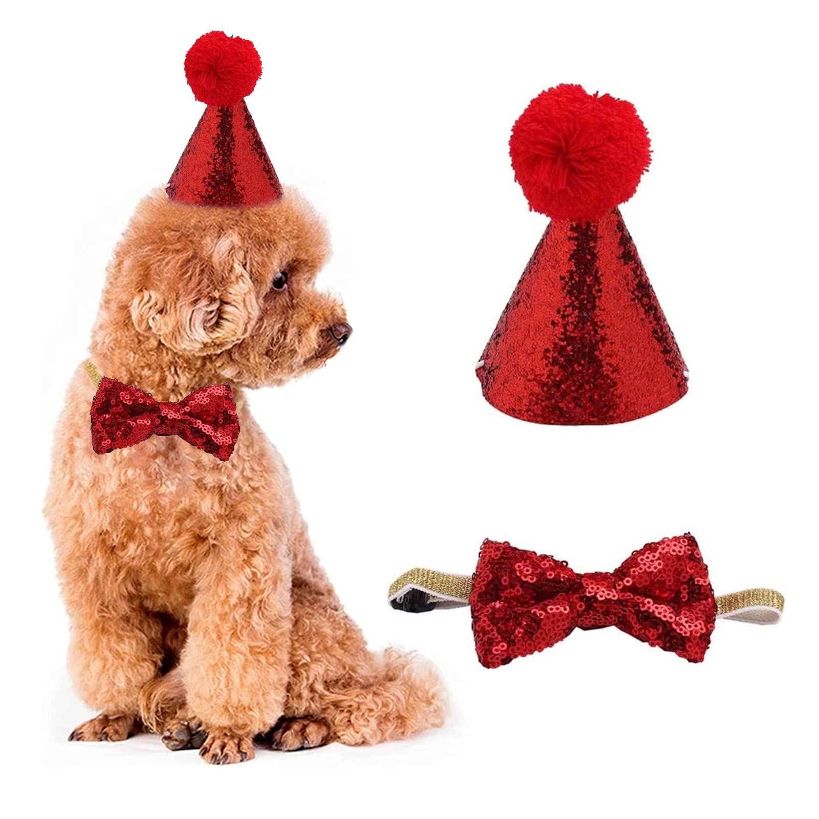 Dog Birthday Hat, Pet Dog Cat Birthday Hat and Bow Tie Collar Pet Birthday Costumes Outfit Headwear Party Decorations for Puppy Kitty (RED)