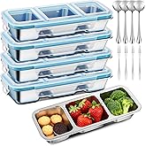 LemonRoad 4 Pack Stainless Steel Snack Containers with Lids Reusable Metal Divided Bento Lunch Boxes with Forks and Spoons Food Storage Containers for Work Travel(Blue,3 Compartment)