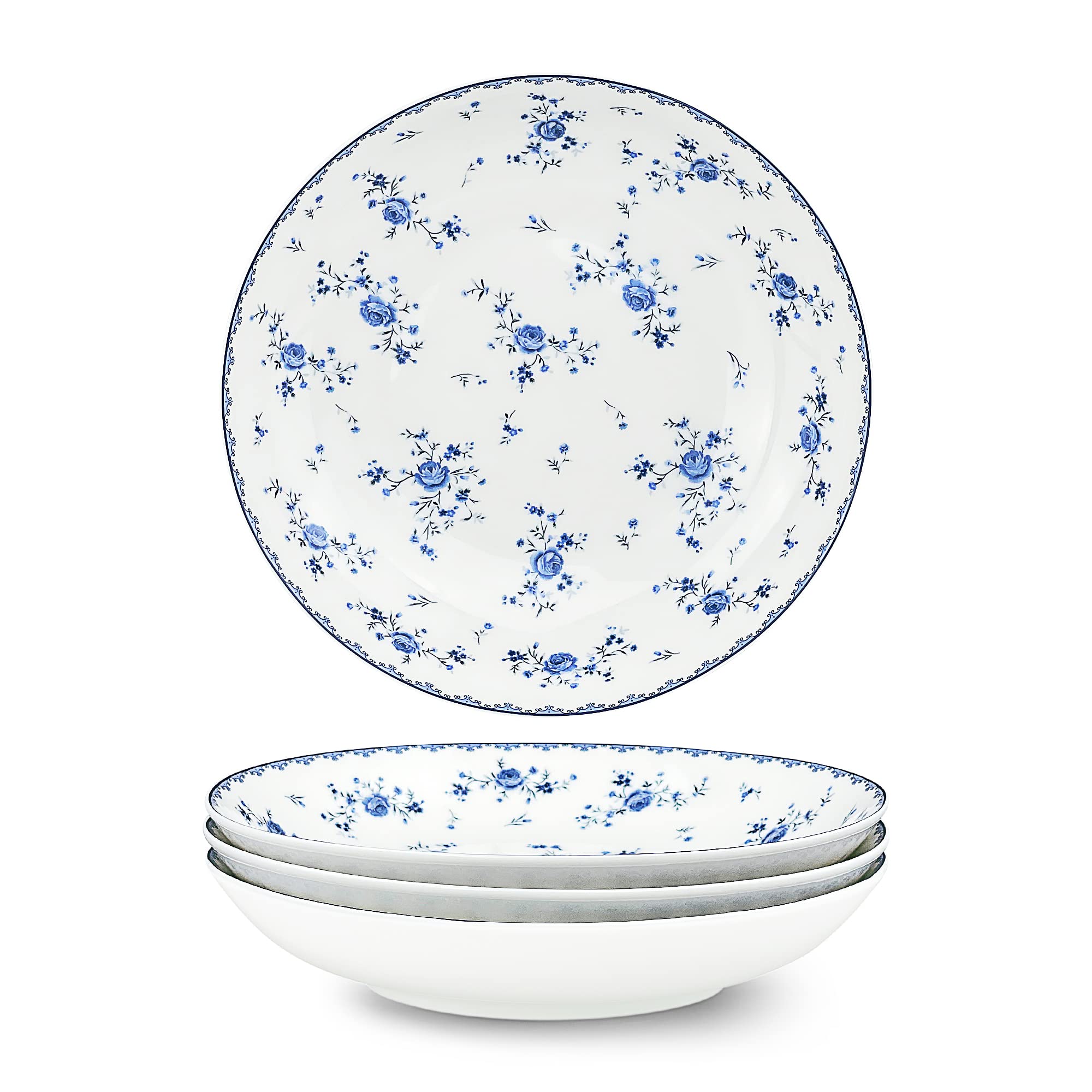 fanquare 20cm Porcelain Salad Plates Set of 4, Spring Floral Patterned Side Plates, Blue and White Dinner Service