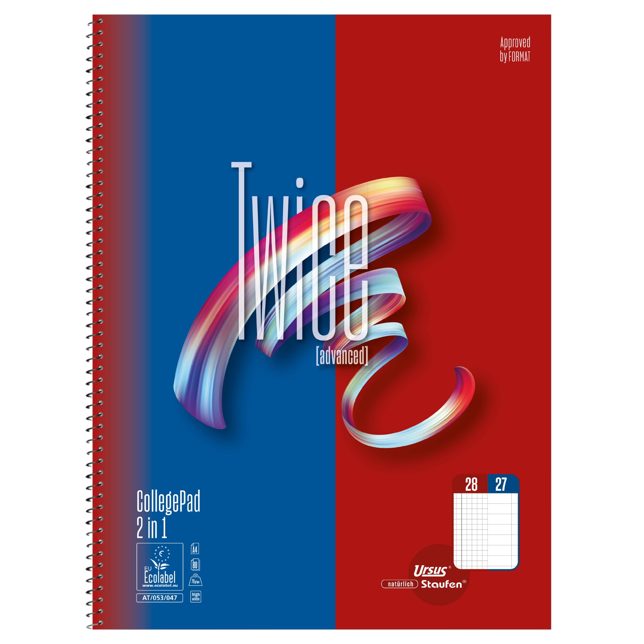 Staufen Advanced Twice College Notepad, 5 Pads, DIN A4, Line Style 27 + 28 Lining, 80 Sheets, 4-Hole Punch, Extra White 70 g/m² Quality Paper