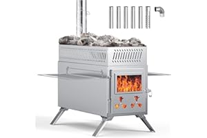 YTAOEO Upgraded Wood Burning Sauna Hot Tent Stove, 2 in 1 Tent Wood Burning Stove with Chimney Pipe for Outdoor Camping Heating, Camping, Hunting, Heating, Cooking, Ice Fishing, Boiling Water
