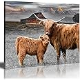 Rinsiken Highland Cattle Wall Art with Long Horns Picture – Highland Cow Print on Canvas Painting 12x16 inches Artwork for Home Decor