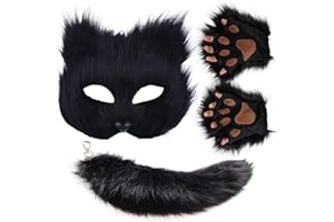 Valpeak Therian Mask and Tail Set for Girls Halloween Cat Mask Tail Cosplay Fox Mask Wolf Tail Over 1 Years Old