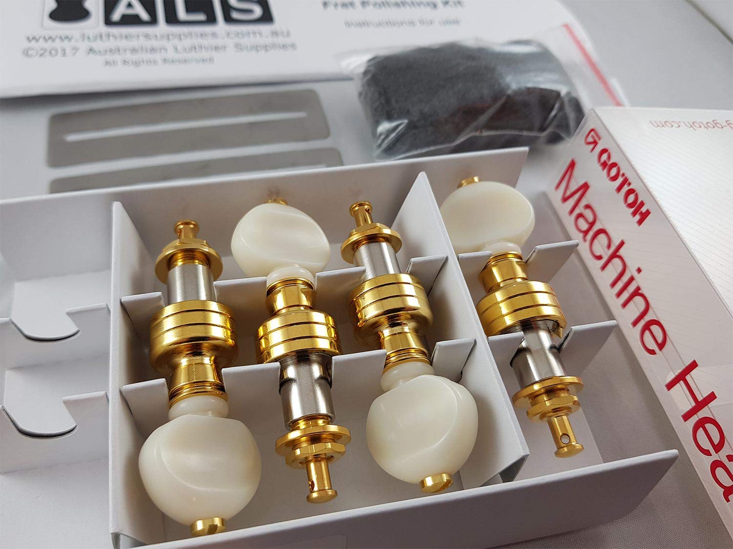 Gotoh SPBJ4 Banjo Tuners (Set of 4, Gold with Pearloid Buttons), Made in Japan - Includes Fret Polishing Kit by Australian Luthier Supplies