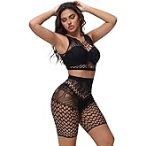 FasDivine Womens Sexy Fishnet Lingerie Set Sleeveless Crop Top Fishnet Shorts 2 Piece Mesh Beachwear Rave Outfit