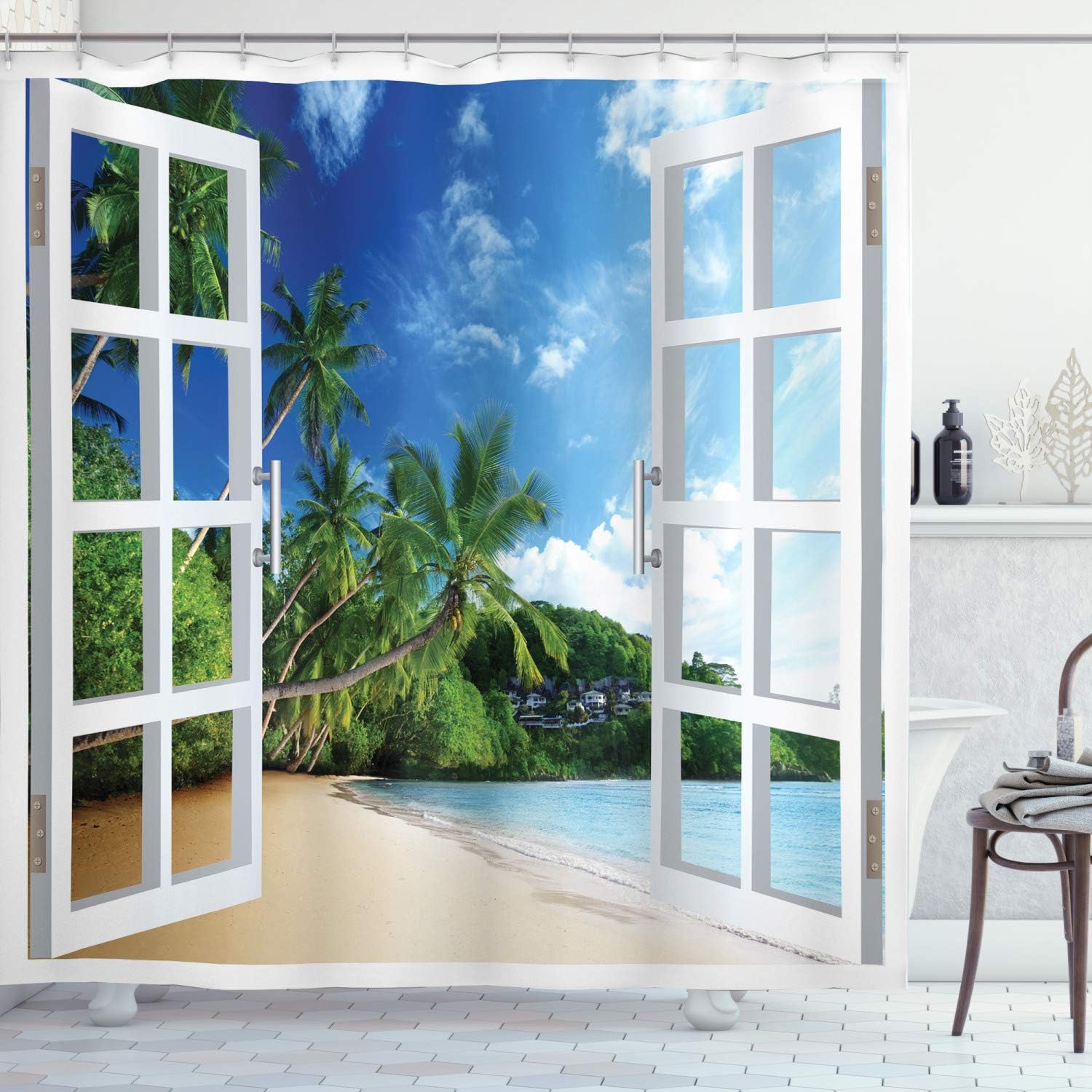 Amazon Com Ambesonne Tropical Shower Curtain Lush Greenery Island Vegetation Rainforest From Apartment Window View Of Paradise Cloth Fabric Bathroom Decor Set With Hooks 70 Long Blue Aqua Home Kitchen