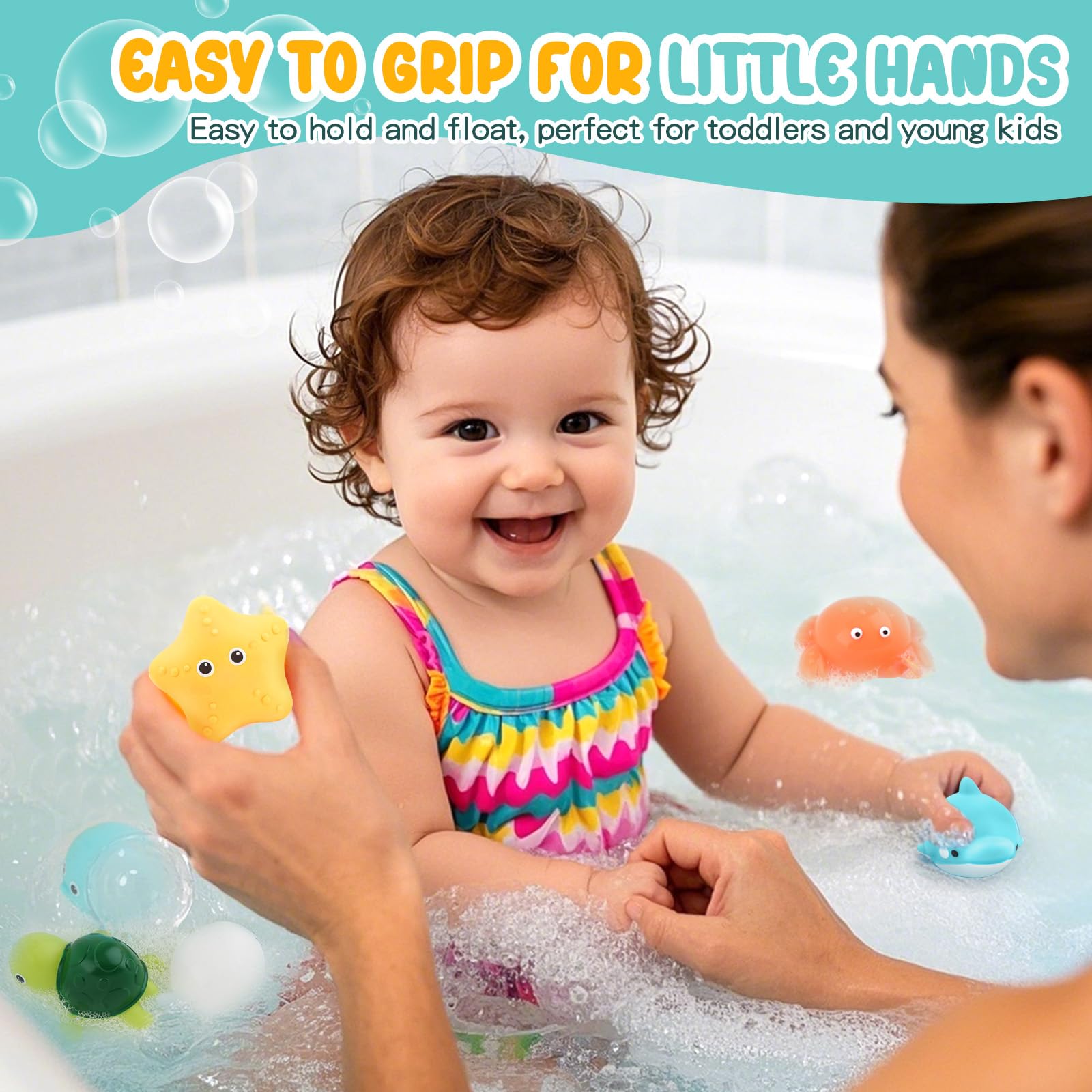Bath Toys 6 Pack No Hole Baby Bathtub Toys Soft Squeezable & Float on Water Easy-Grip Toddler Bath Toy Set for Kids Ages 1-3 Tub Pool Toys