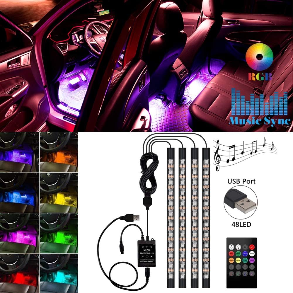LED Car Interior Lights 4 Pcs 48LED, Henlight Multi-Color Changing Car Strip Lights with Remote Control, USB LED Car Music Lights Under Dash Lighting Kits with Sound Active, DC 12V
