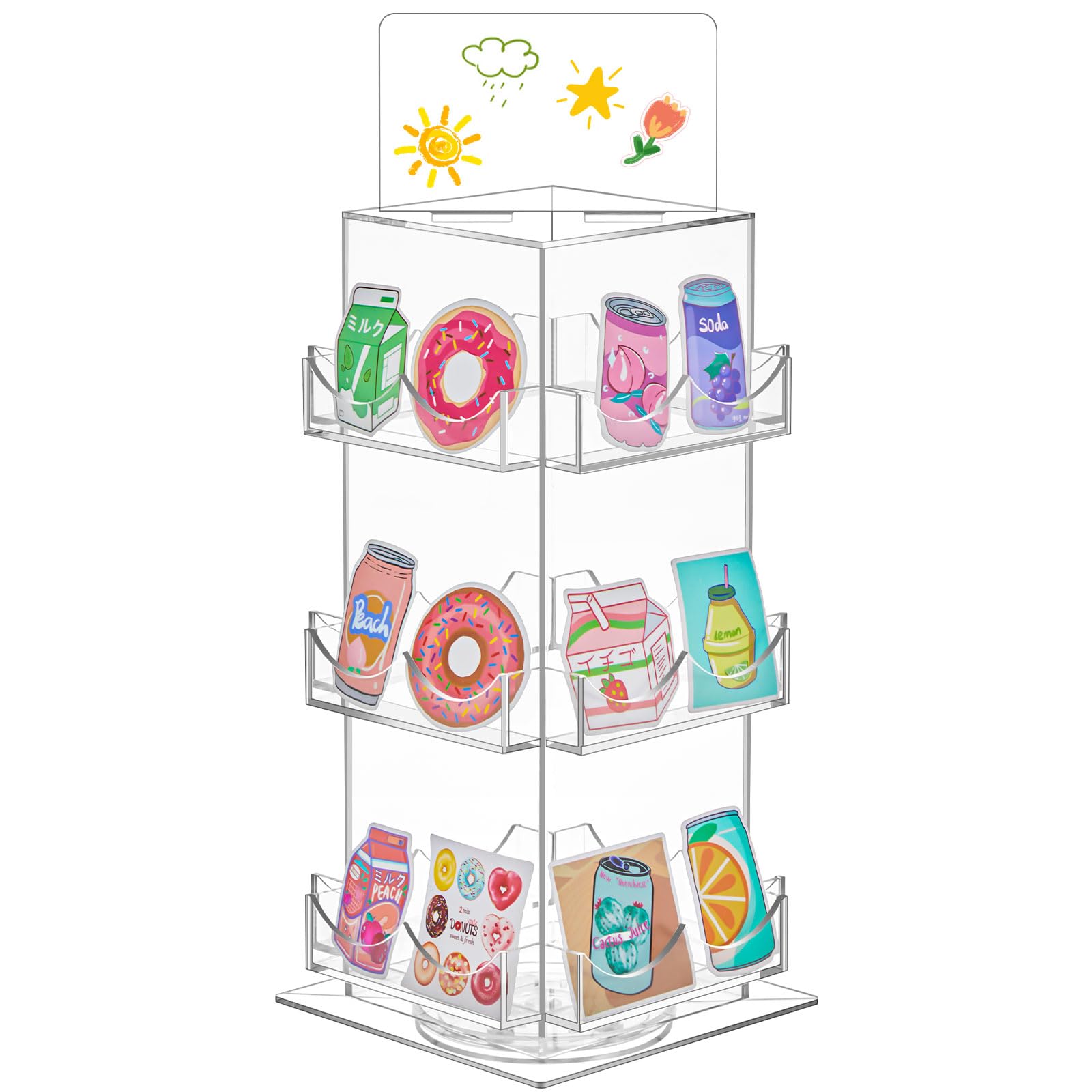 Photo 1 of Marsui 3 Tier Rotating Sticker Display Stand, 4 Sided Sticker Holder, 360° Rotating No Assembly Required Clear Acrylic Sticker Holder for Vendors, Retail, Showcase, Tradeshow, 12.6" x 5.9"