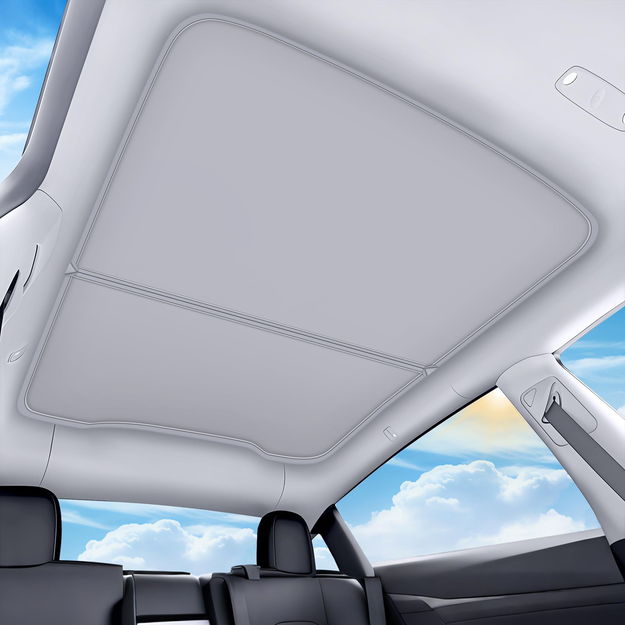 Photo 1 of QINQINTU 2026 Upgrade for Tesla New Model Y Juniper 2025 2026 Sunshade Roof [No Sag,Ice-Crystal Cooling Coatings] Heat Insulation Glass Roof Sun Shade for Tesla Model Y Accessories 2025 2026 Gray