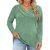 VISLILY Womens-Plus-Size-Tops Trendy V Neck Casual Long Sleeve T Shirts Dressy Button Decor Cute Loose Blouses Tunics XL-5XL