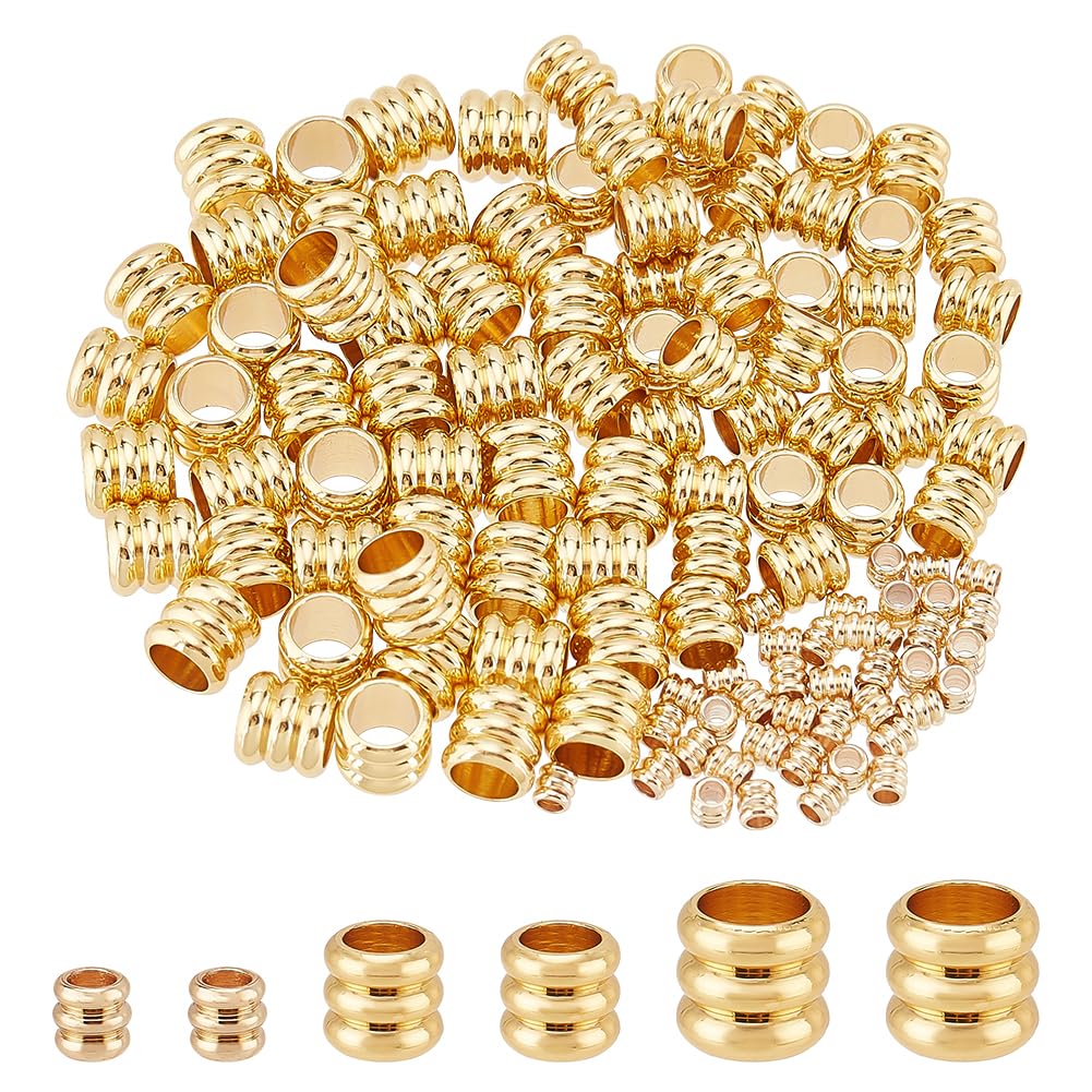 PH PandaHall 120pcs 14K Gold Plated Beads Column Spacer Beads 3 Sizes Grooved Tube Bead Metal Loose Spacer Bead for Jewellery and Lanyards Making, Hole 1.6-4.5mm