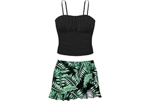ADIRUN Girls Tankini Swimsuits Two Piece Tropical Print Pleated Bathing Suit with Ruffle Drawstring Skirt Swimwear 9-16T