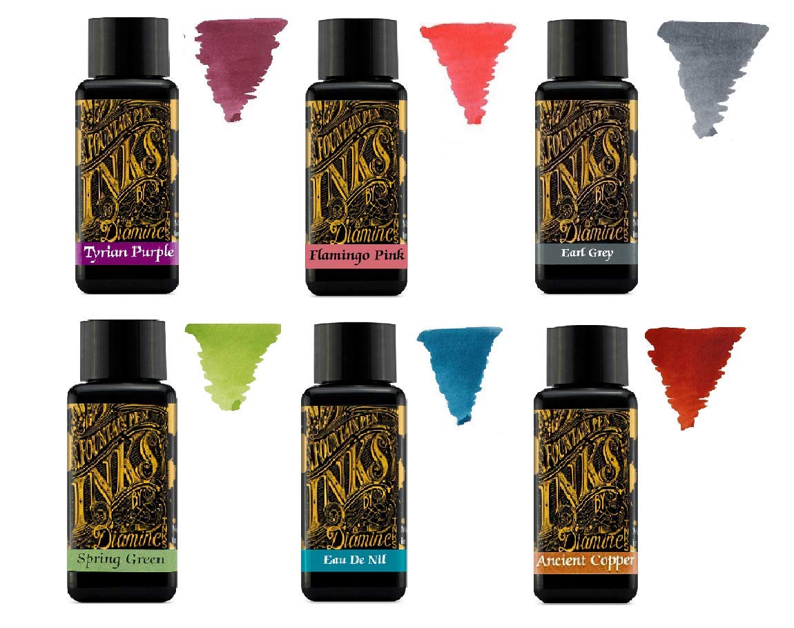 Diamine - 30ml Fountain Pen Ink - Colour Wheel - 6 Pack - Tyrian Purple, Flamingo Pink, Earl Grey, Spring Green, Eau de Nil, Ancient Copper