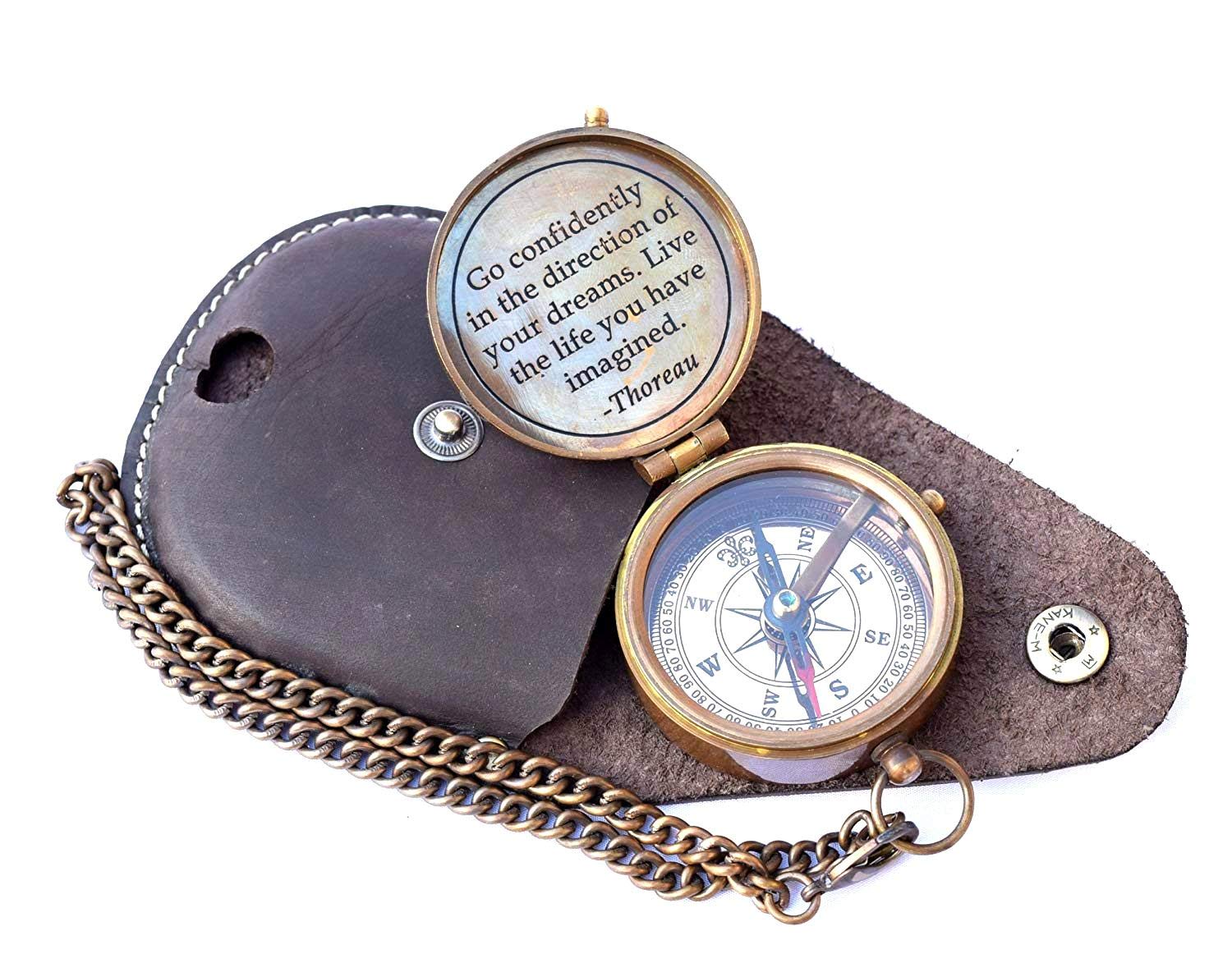 Engravable Compass, Pocket Compass, Brass Compass with Leather Carry Case, Boy Scouts Compass, Pirates Compass, Camping Compass