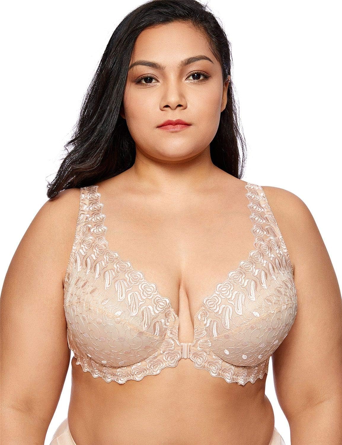 Women's Plus Size Full Coverage Support Unlined Embroidered Front Close Underwired Lace Bra