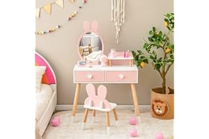 INFANS Kids Vanity Set, 2 in 1 Wooden Princess Makeup Table and Chair with Mirror, Shelf, Storage Drawers for Little Girls, Rabbit Themed Toddler Dressing Desk Beauty Play Set Toy Gift