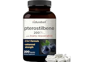NATUREBELL Pterostilbene with 98% Trans-Resveratrol, 200mg Per Serving, 200 Capsules | Naturally Sourced from Wild Blueberries – Antioxidant Supplement for Healthy Aging Support – Non-GMO
