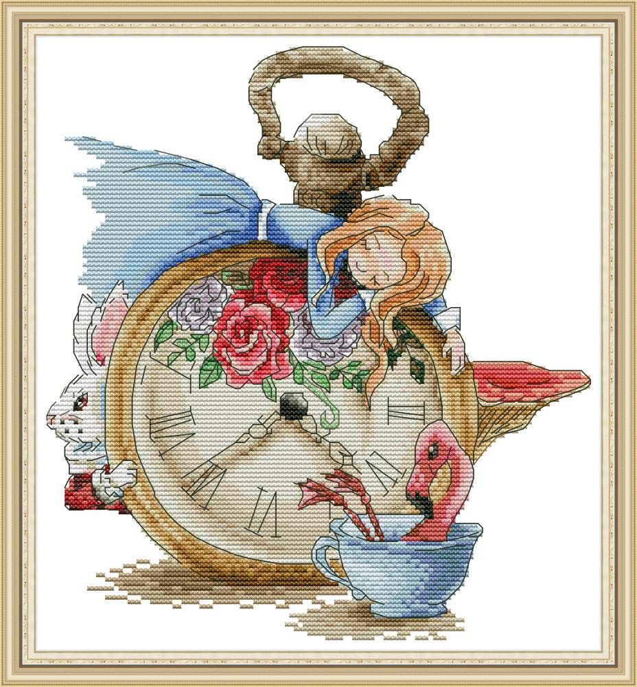 WOWDECOR Cross Stitch Embroidery Kits for Adults Kids, Sleeping Alice Clocks Rabbit Cup 11CT Stamped DIY DMC Needlework Easy Beginners
