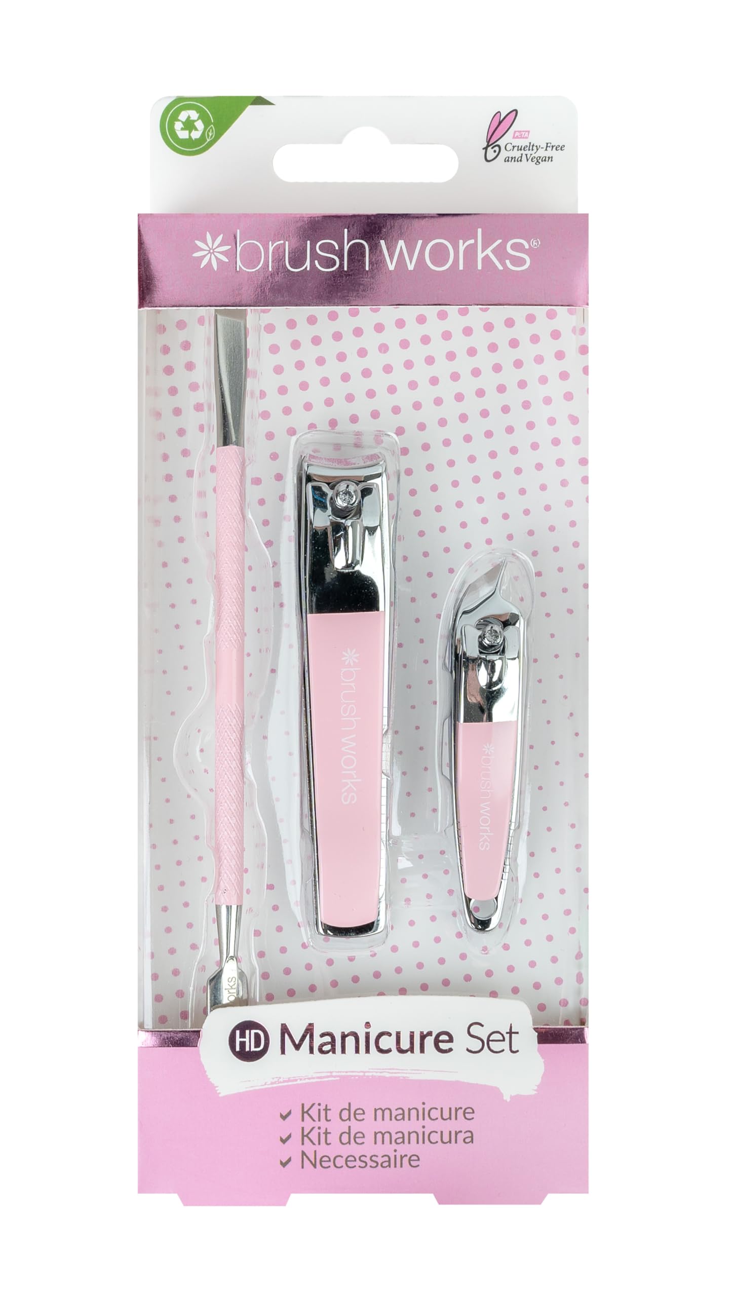 Brushworks Manicure Set – 3 Piece Stainless Steel Nail Grooming Kit for Home or Travel – Includes Nail Clipper, Cuticle Pusher & Nipper – Vegan & Cruelty-Free