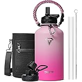 Topre Half Gallon Water Bottle,64oz Insulated Water Bottle Stainless Steel Vacuum,Cold for 48 Hrs,BPA-Free & Leakproof -with Paracord Handle,Strap,Straw Spout Lids,Big Flask Jug for Gym Sports,Pink