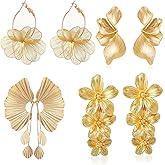 4 Pair Gold Statement Earrings for Women Chunky Geometric Large Leaf Hoop Floral Earring Trendy Jewelry Gift