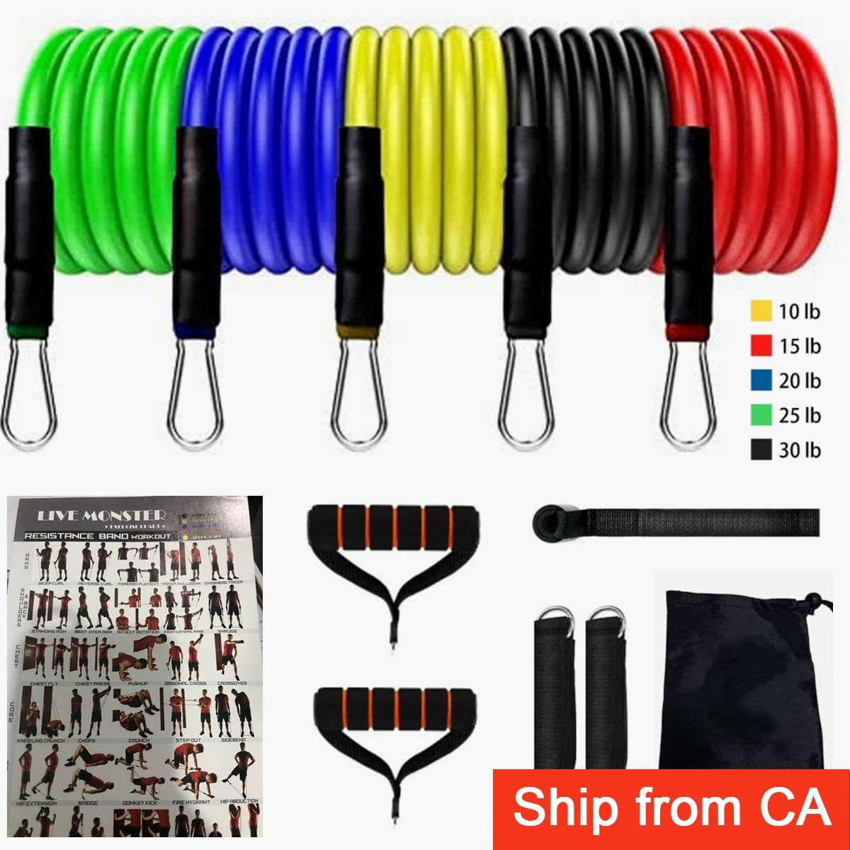 PUREFITINSOLES Exercise Bands Set with Handles (11pcs) Exercise Bands for Physical Therapy, Resistance Training, Home Workouts,Yoga-Best Gift with Door Anchor, Handles, Ankle Straps and Carry Bag