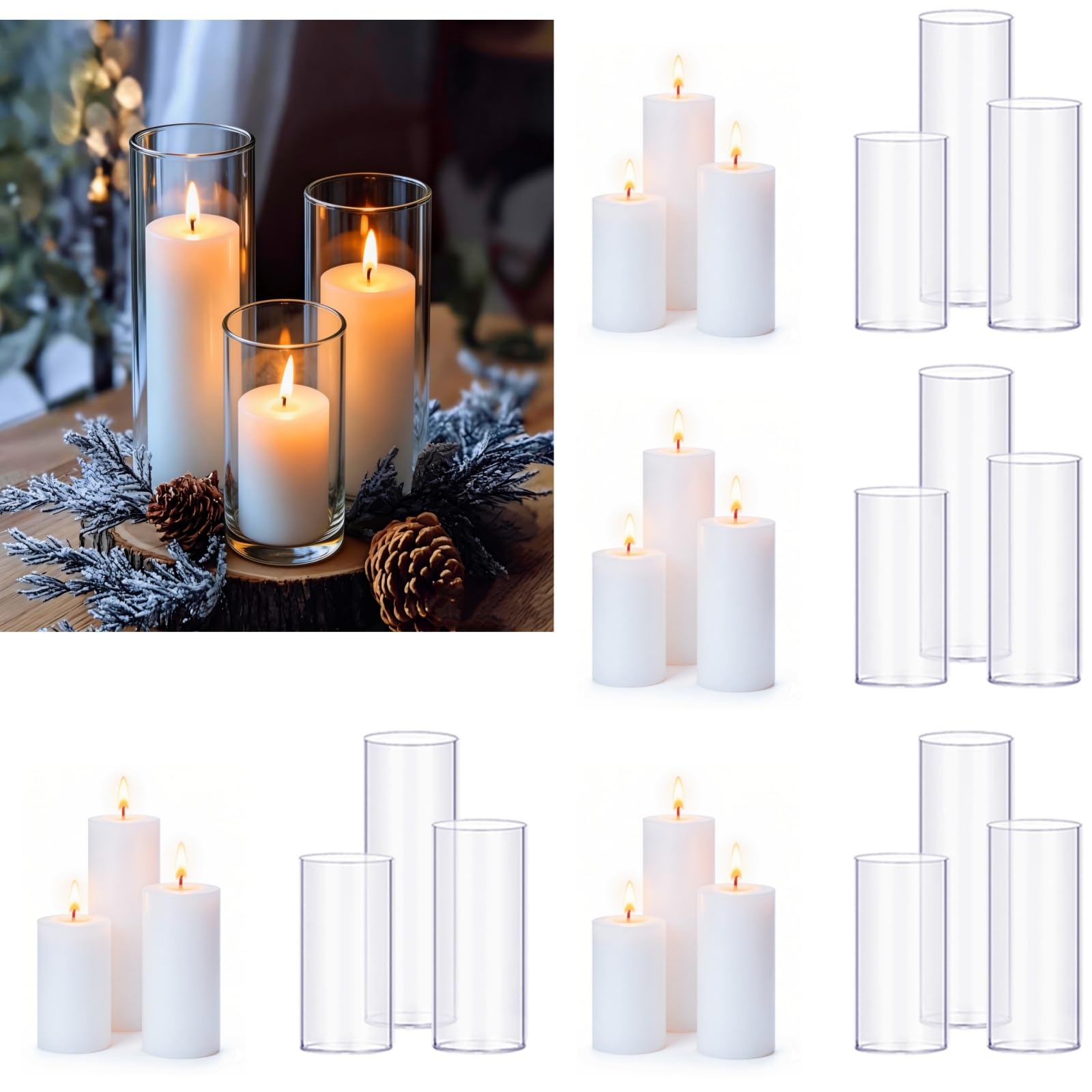 Photo 1 of PNJHDZ 24 Pcs White Pillar Candles and Glass Candle Holders Cylinder Candle Vases for Pillar Candles Hurricane Candle Holders Set for Wedding Party, Event, Home Office Decor