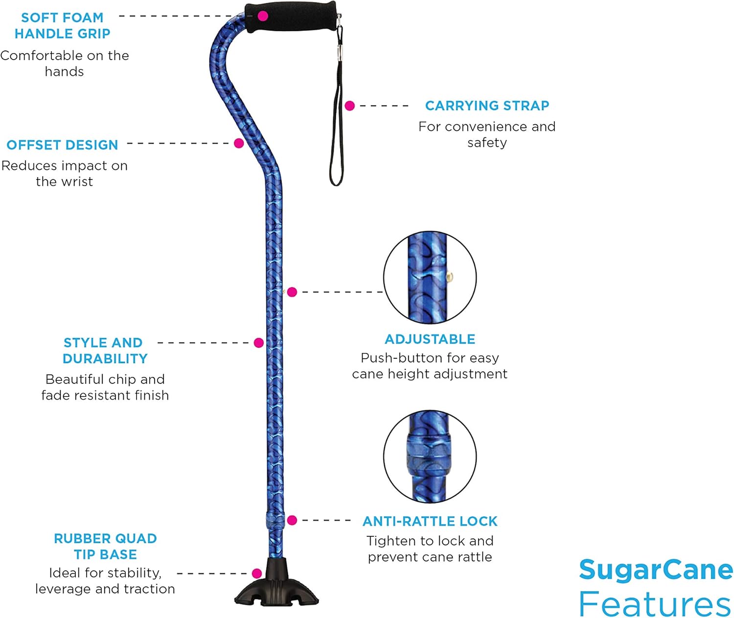 NOVA Sugarcane, Walking Cane with Quad Tip and Carrying Strap, Stand Alone Cane, Maui Flowers Design: Health & Personal Care