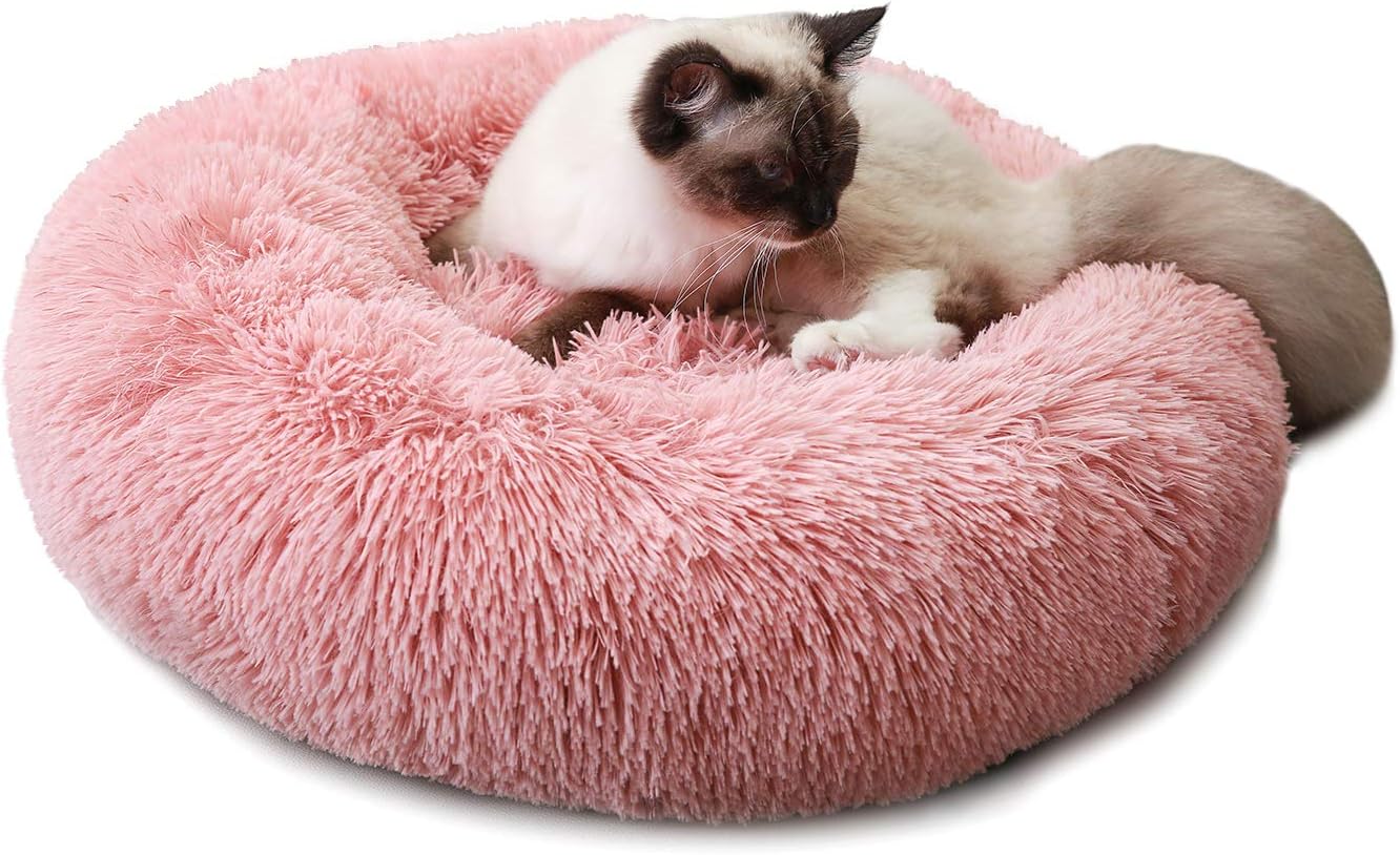 Luciphia Round Dog Cat Bed Donut Cuddler, Faux Fur Plush Pet Cushion for Large Medium Small Dogs, Self-Warming and Cozy for Improved Sleep Pink, Medium(23"x23") : Pet Supplies