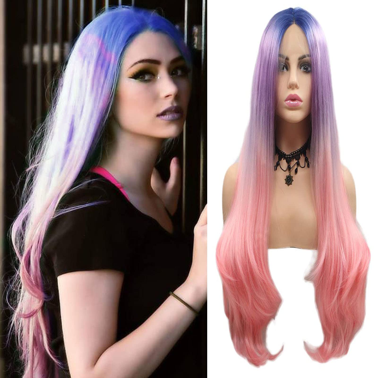 Blue Purple Pink Lace Front Wigs for Women Long Wavy 3T Colorful Synthetic Wig Heat Resistant Fiber Hair Lace Wig Dark Roots Cosplay Party Anime Christmas Gtft kCostume Halloween 24 Inch