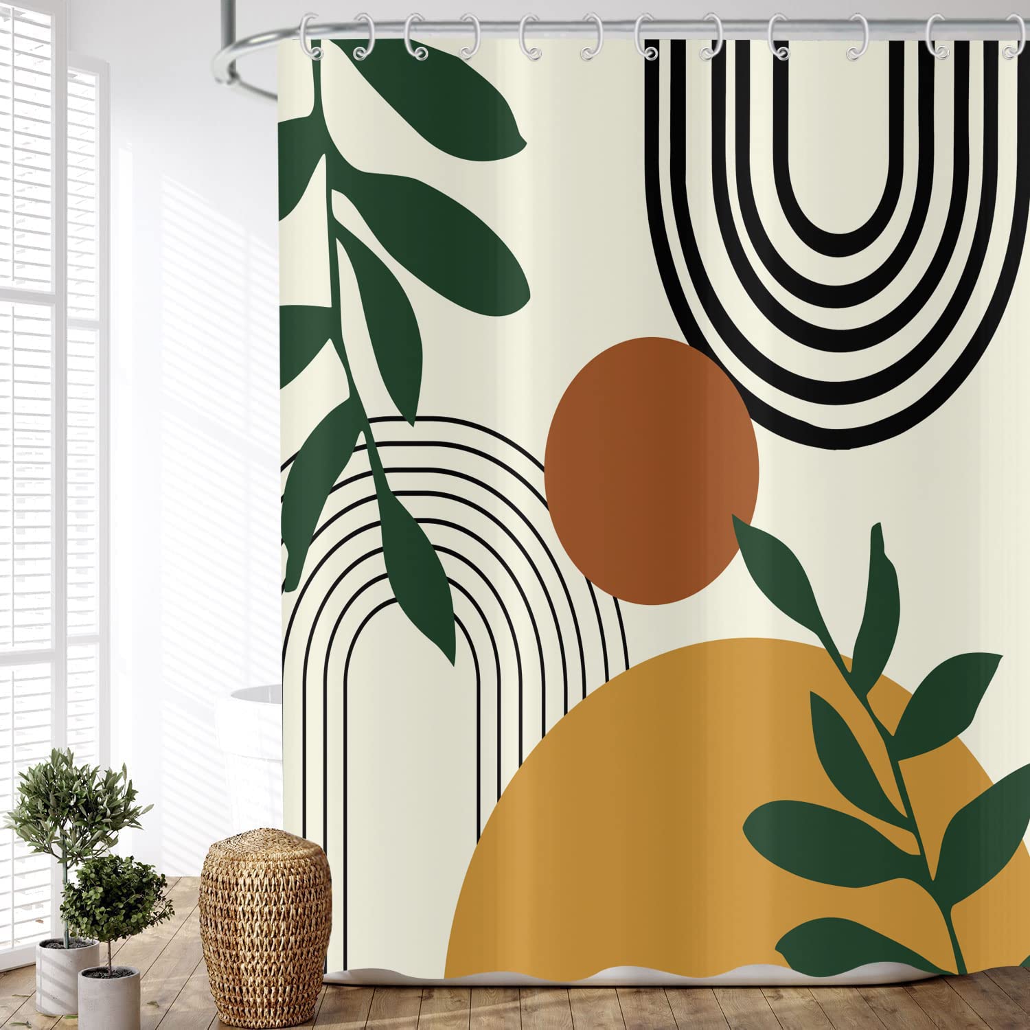 ASDCXZ Boho Shower Curtain 180x180 cm, Waterproof Fabric Shower Curtains, Modern Abstract Art Boho Style Green Leaves Sun Yellow Outdoor Washable Polyester Bathroom Curtain with 12 Hooks