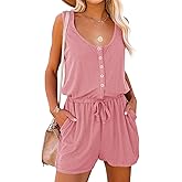 Mafulus Womens Summer Scoop Neck Button Down Sleeveless Jumpsuit Rompers Adjustable Waist Short with Pockets